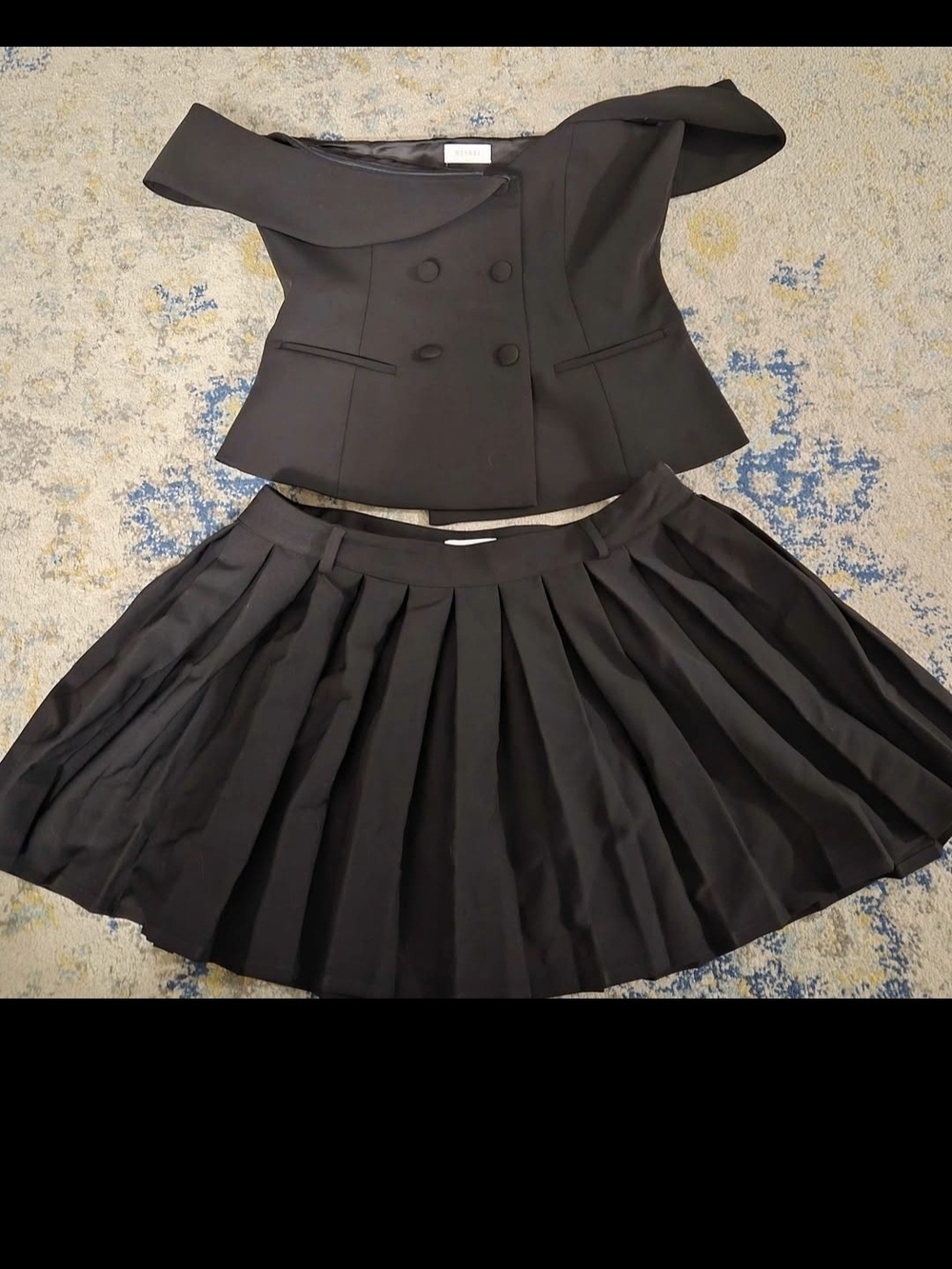 Meshki Black Pleated Skirt with Off-Shoulder Top Set